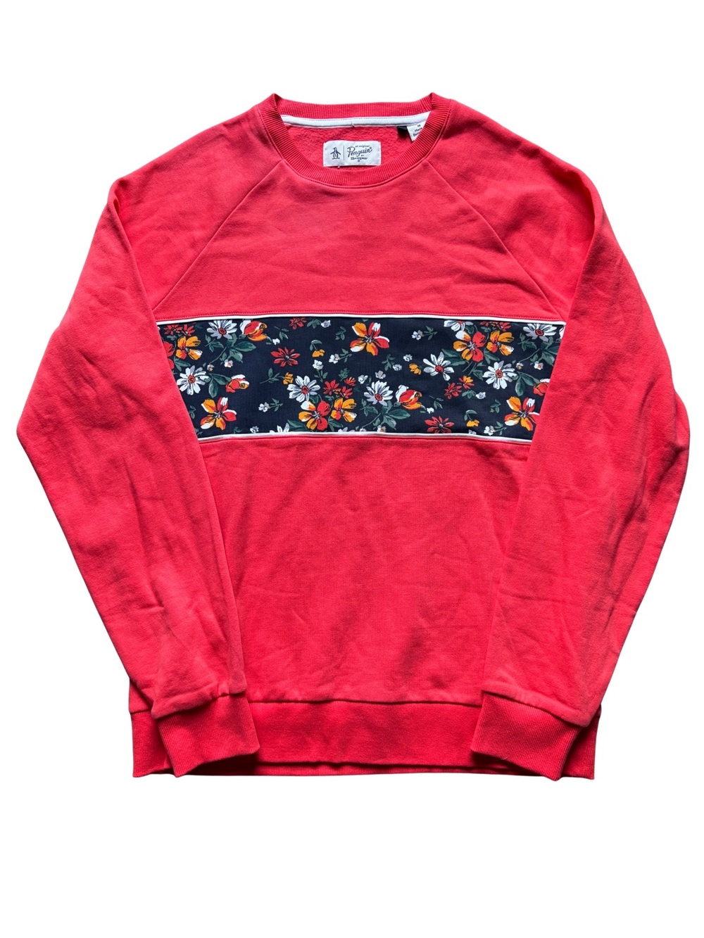 Original Penguin Men's Crewneck Pullover Sweatshirt Red Floral Stripe Logo M